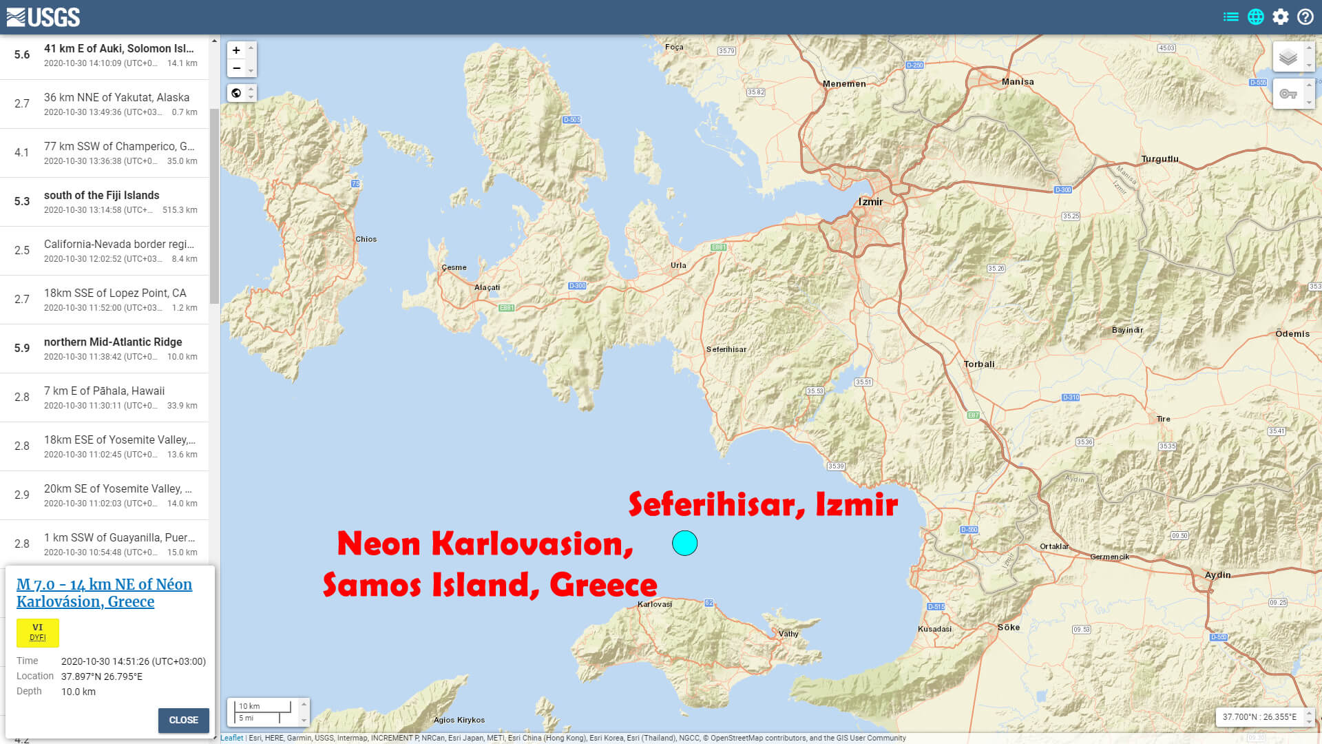 Samos Greece - Seferihisar Izmir - Sep 30 Earthquake Epicenter Map
